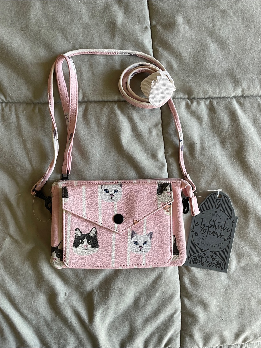 T-shirt & Jeans Brand Pink and White Striped Cat Print Crossbody Bag / Wristlet